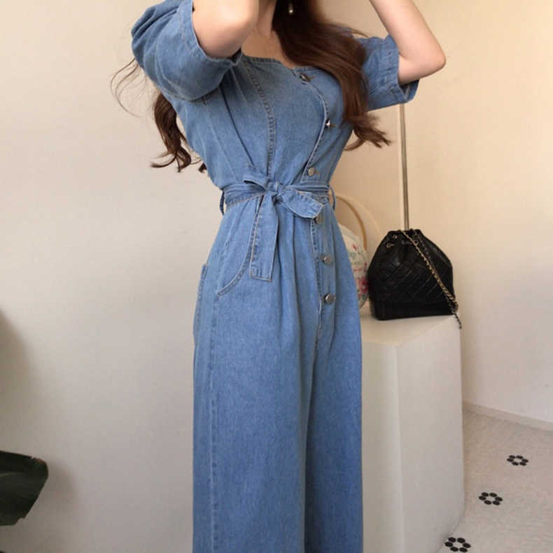 퍼프소매 반팔 스퀘어넥 여성 점프슈트 봄여름 데님 - 상세 이미지 2
