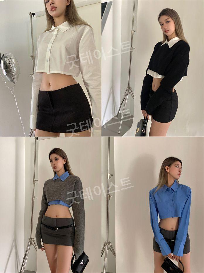 여자 크롭 니트 상의 스웨터 셔츠 캐주얼 탑 데일리 대학생룩 블랙니트+화이트 셔츠 S - 상세 이미지 3