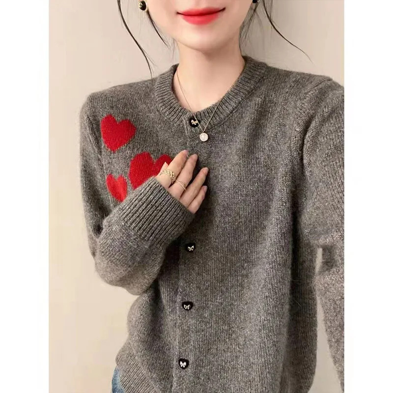 가을 가디건 니트 여성 빅사이즈 빈티지 LOVE 긴팔 용수철 올 매치 O넥 스웨터 코트 시크 단추 의류 패션 신상 : 킹덤컴퍼니