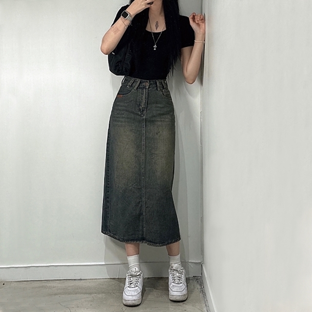 여성 데님 워싱 롱 청 스커트 뒷트임 청치마 A라인 긴 치마 하이웨스트 미디 빈티지 - 상품 이미지