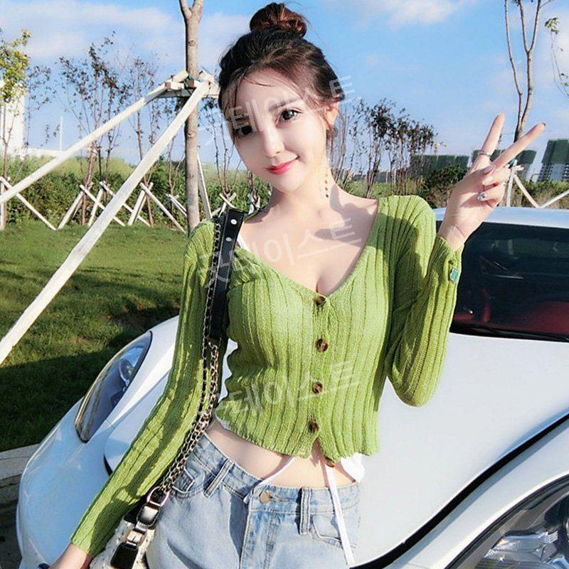 크롭니트 스웨터 가디건 V넥 긴팔 슬림 골지 하얀색 S - 상품 이미지