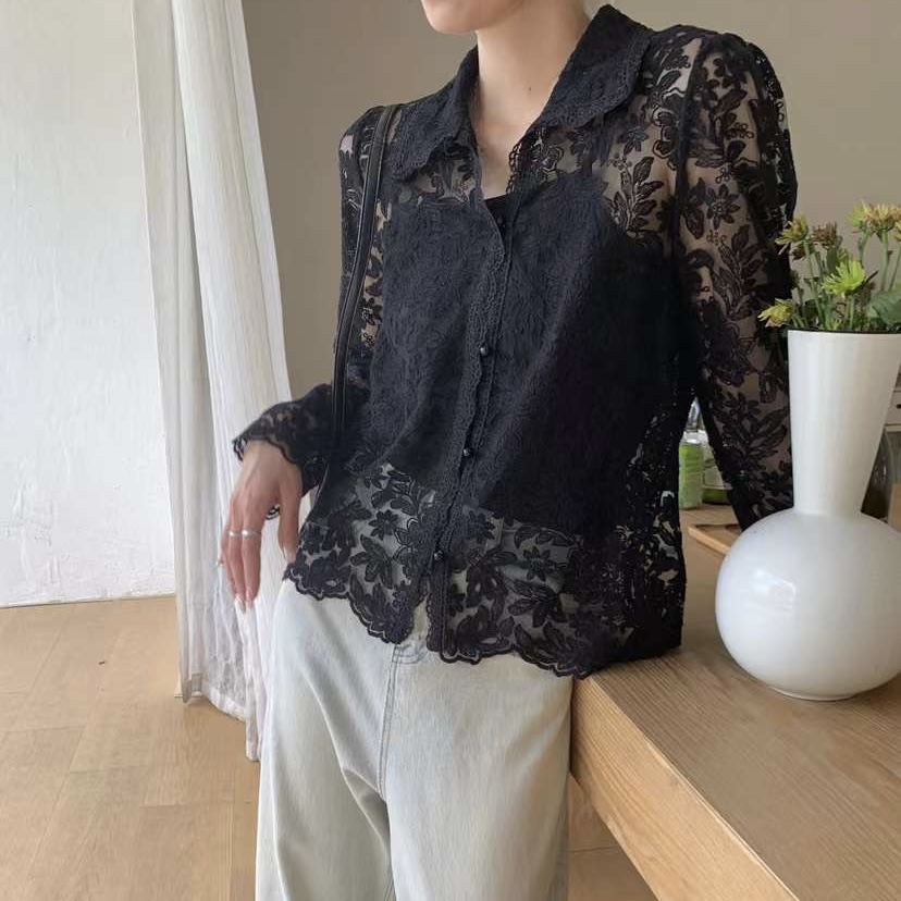 여자여자몰 시스루도단정할수있어 카라 플라워자수 레이스블라우스 끈나시세트 이미지 6
