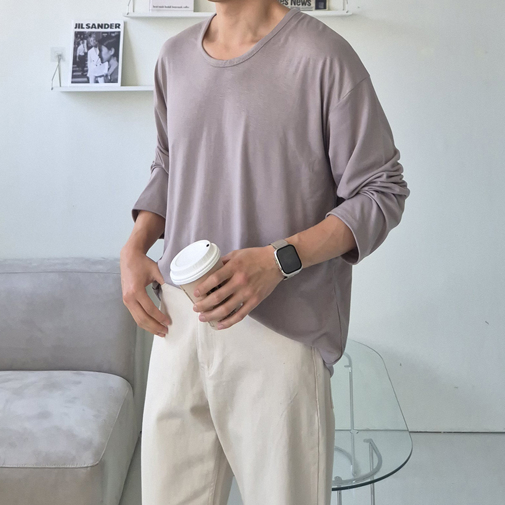 남자 긴팔티 오버핏 실켓 U넥 봄 가을 무지 비침없는 티셔츠 - 상품 이미지