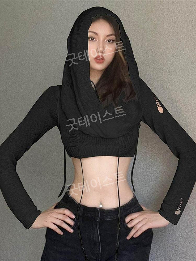 여성 후드 크롭니트 스웨터 긴팔 상의 간절기 가디건 데일리 검은 색 S - 상세 이미지 2