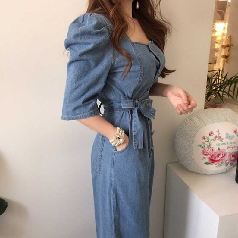 퍼프소매 반팔 스퀘어넥 여성 점프슈트 봄여름 데님 - 상품 이미지
