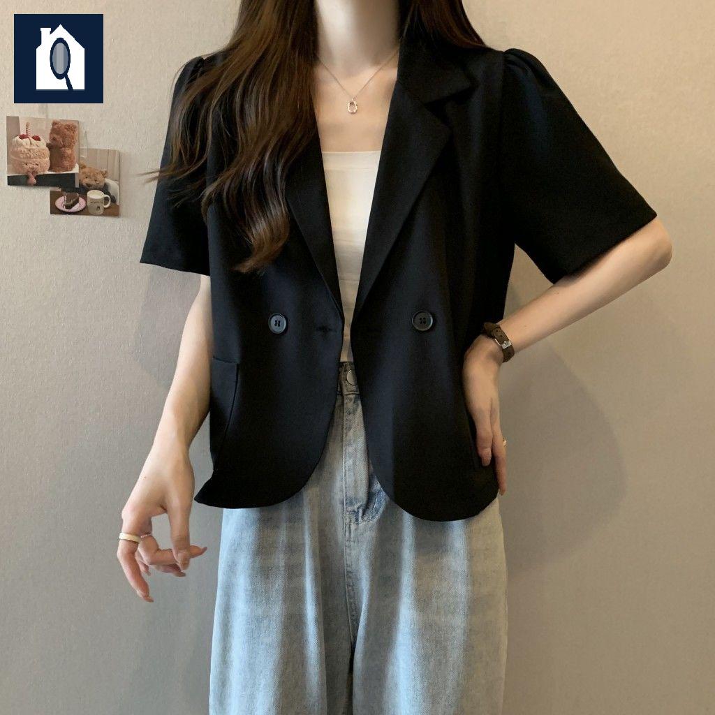 버튼 여성 캐주얼 데일리자켓코디 반팔 디자인 여름아우터 린넨자켓 - 상품 이미지