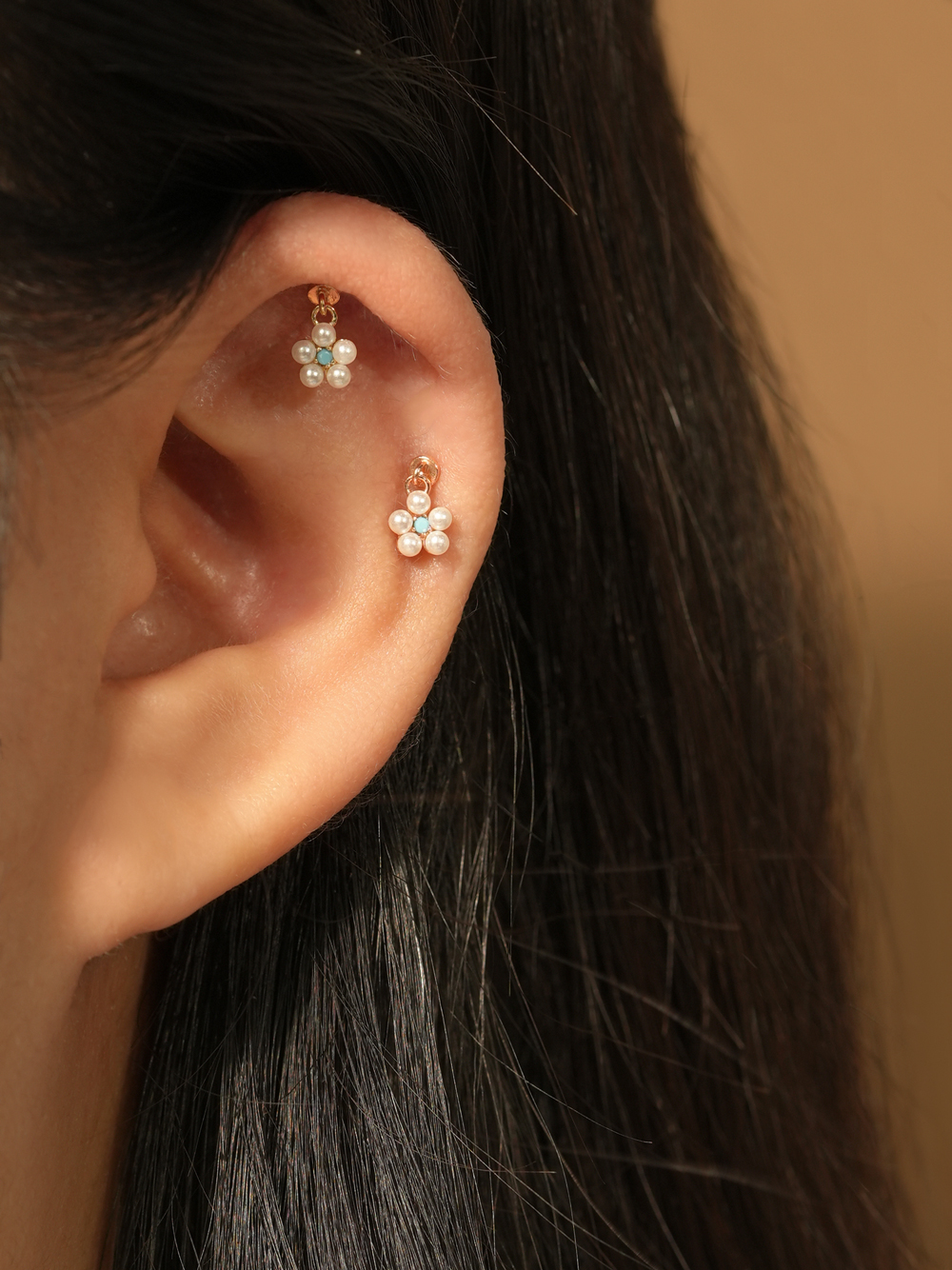 [0.8mm]14K 인터널 진주 플라워 큐빅 드롭 라블렛 피어싱 귀걸이 이미지 6