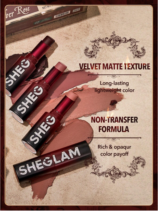 쉬글램 립스틱 다이너매트 앰버로즈 컬렉션 말린 장미 누드 브라운 딥버건디 sheglam - 상품 이미지