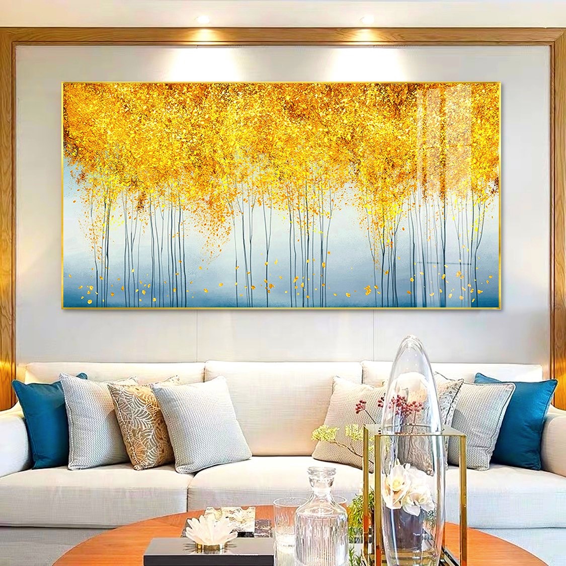 액자 그림 인테리어 80x40cm 돈나무 거실 사무실개업 골드메탈 황금빛 나무풍경 추상화