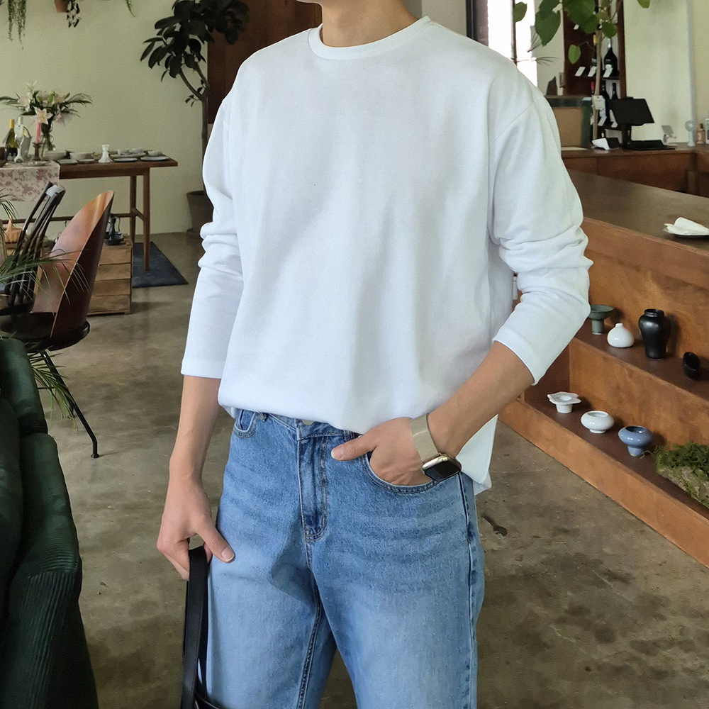 무지 흰색 빅사이즈 티셔츠 20수 이너 흰티 남자긴팔티 - 메인 이미지