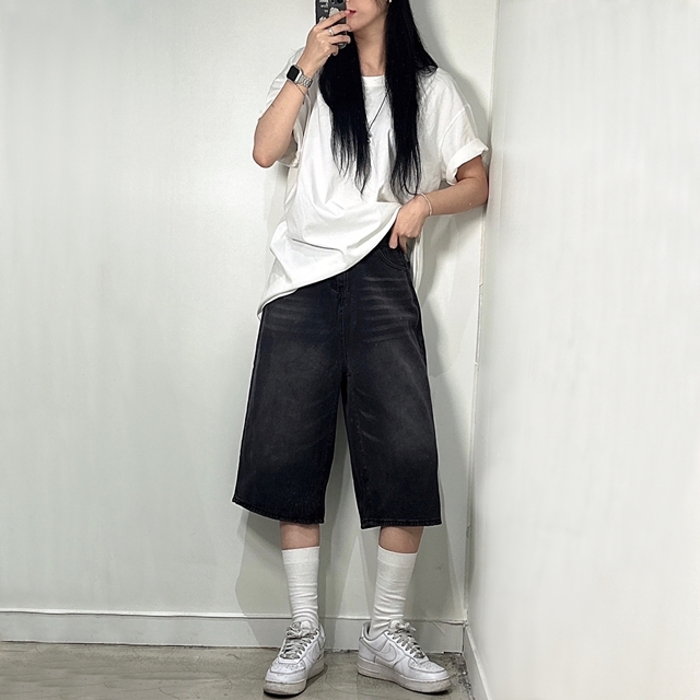여성 7부 데님 청 버뮤다 팬츠 반바지 2color Y2K 힙한 와이드 바지 흑청 연청 - 상품 이미지