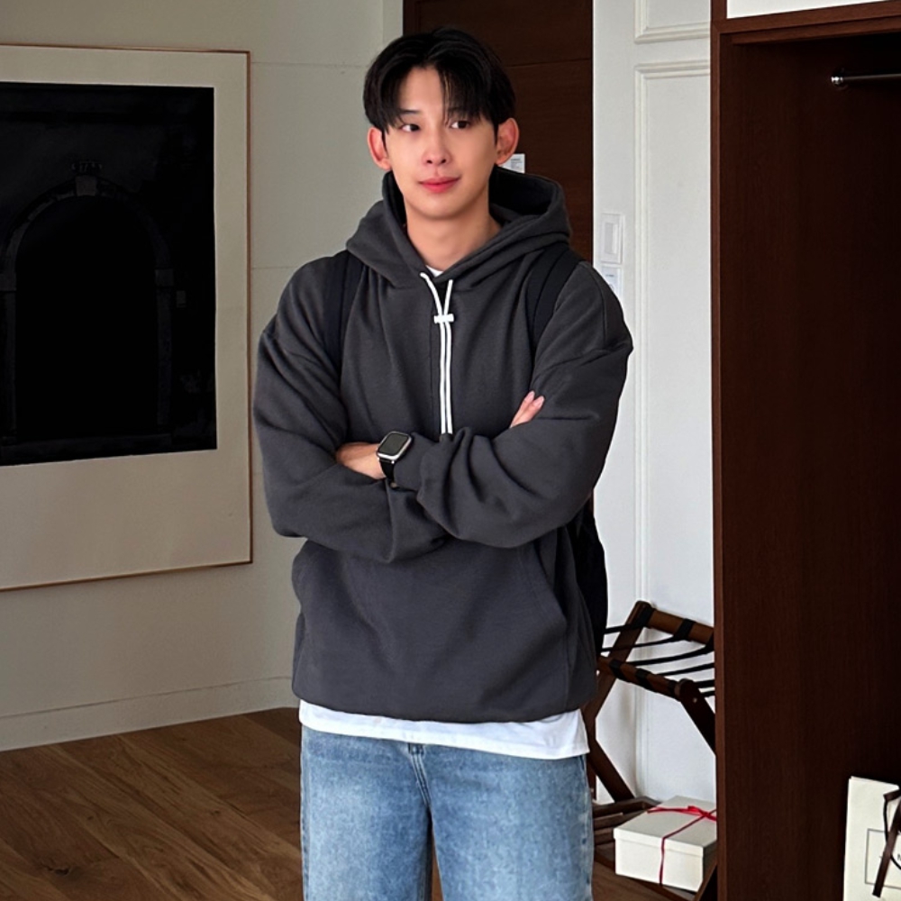 남자 리마 오버핏 봄 가을 텐타덤블 절개 라인 무지 후드티 - 상세 이미지 2