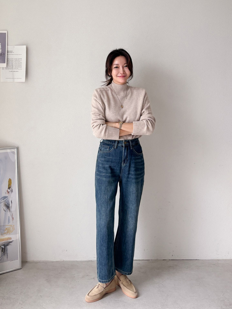 하이웨스트 밴딩진 세미와이드 데님팬츠 진청 일자 여자청바지 와이드청바지 통청바지 진청바지 - 상세 이미지 2