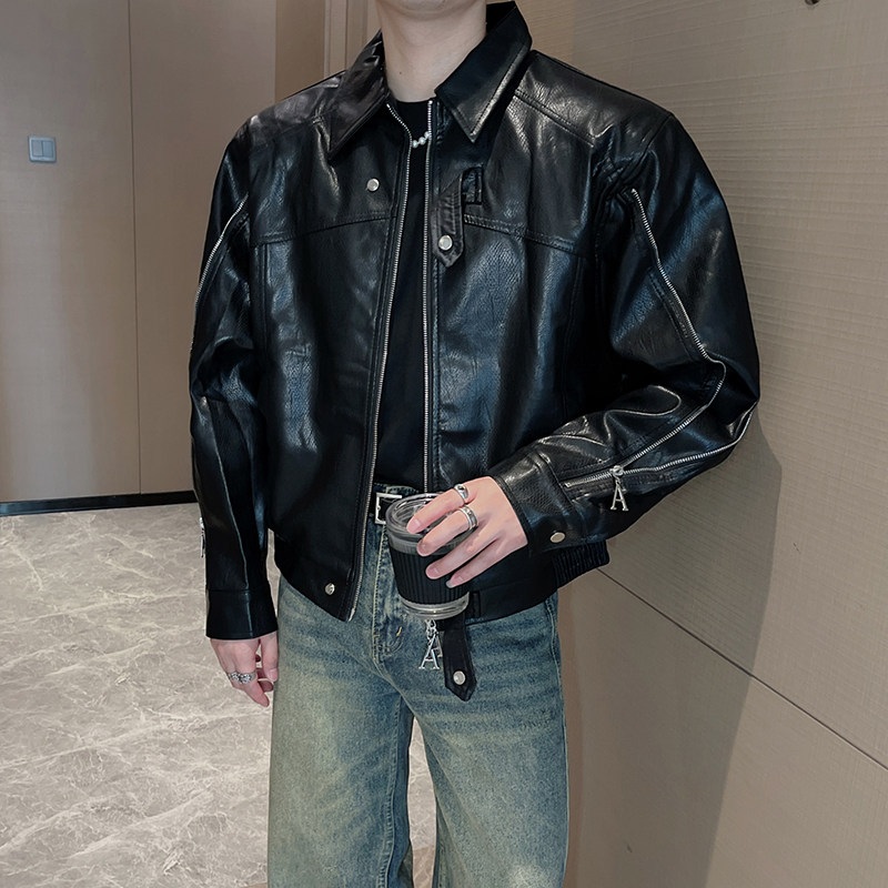 힙한 지퍼 라이더자켓 점퍼 PU 스트릿 고급 남자 어깨넓어보이는 패션 오버핏 디자인 블랙 - 상세 이미지 2