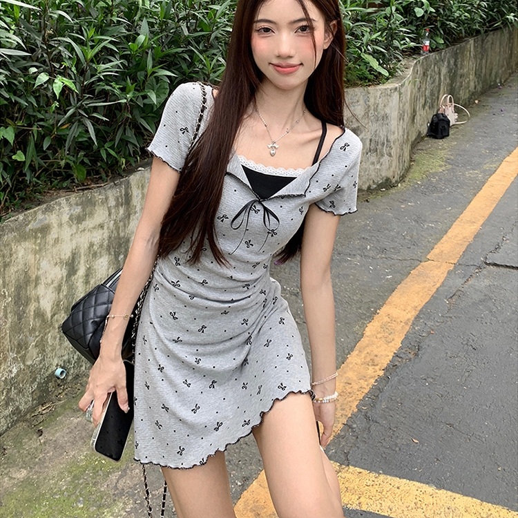 가짜투피스 레이스나시 반팔원피스 리본패턴 슬림핏 날씬해보이는 캐주얼 옷 그레이 - 상품 이미지