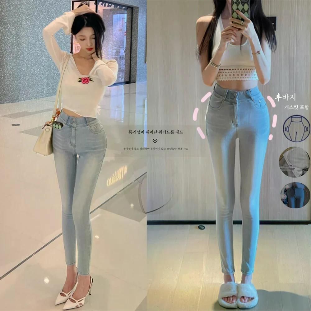 여친룩 데이트룩 유행 편안한 여성 청바지 스트레이트 다리 작은 발 바지 동대문 스타일 의류 연청 S - 상세 이미지 2