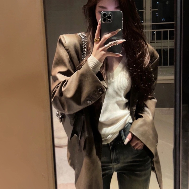 에스파 윈터 자켓 오버핏 인스타그램 가죽 레더 의상 옷 패션 - 상품 이미지