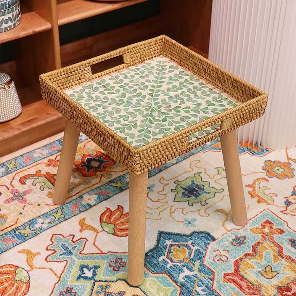 북유럽 스타일 등나무 라탄 커피 테이블 소형 트레이 원형 블루 35x35cm - 상세 이미지 3