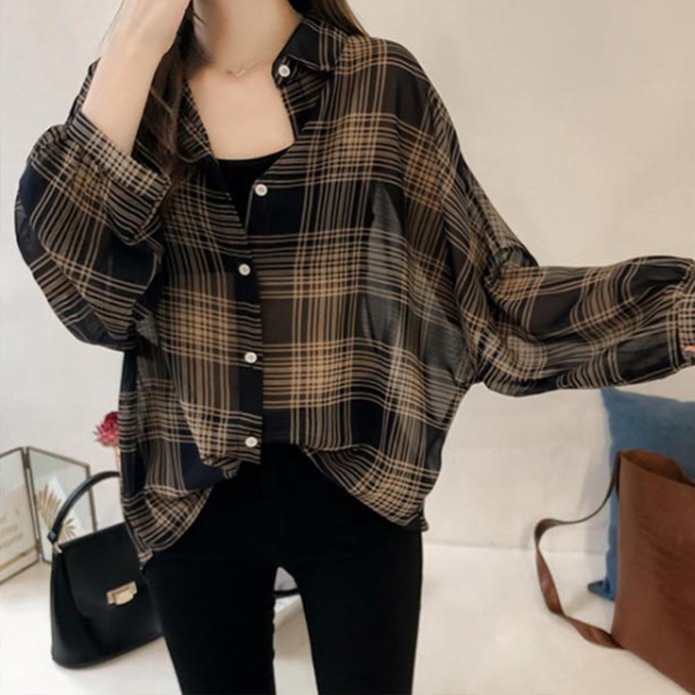 여자 블라우스 봄 가을 여름 여성 데일리 체크 무늬 20대 옷 코디 데이트 소개팅 룩 - 상품 이미지