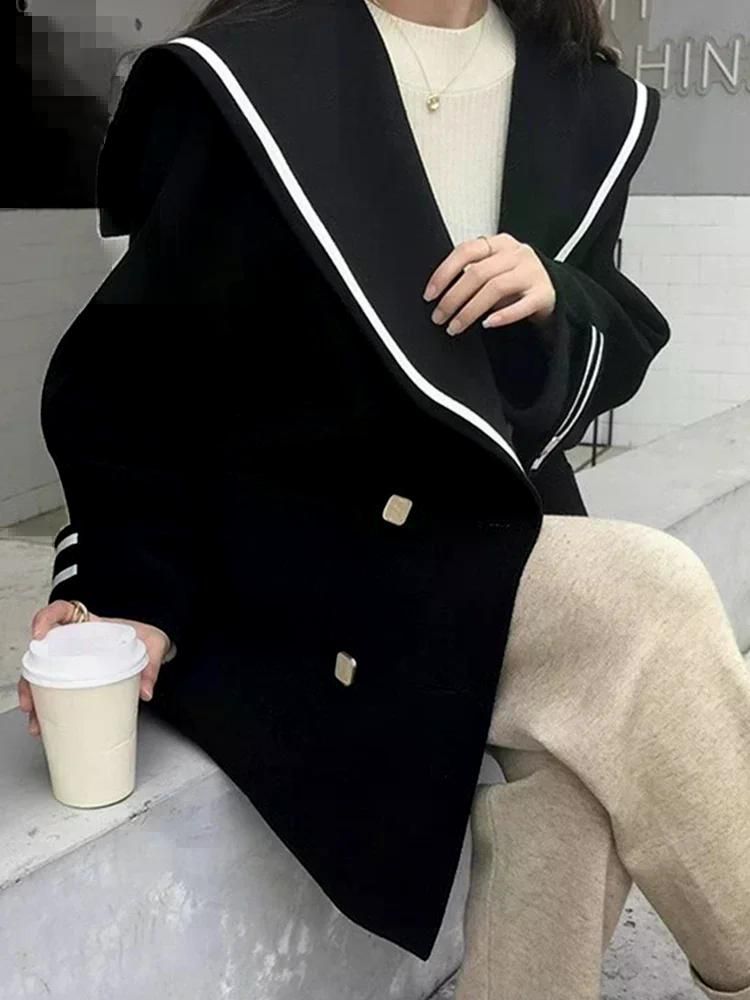 여친룩 데이트룩 네이비 해군 더블 브레스트 캐시미어 빅사이즈 울 코트 베이지 화이트 M - 상세 이미지 2