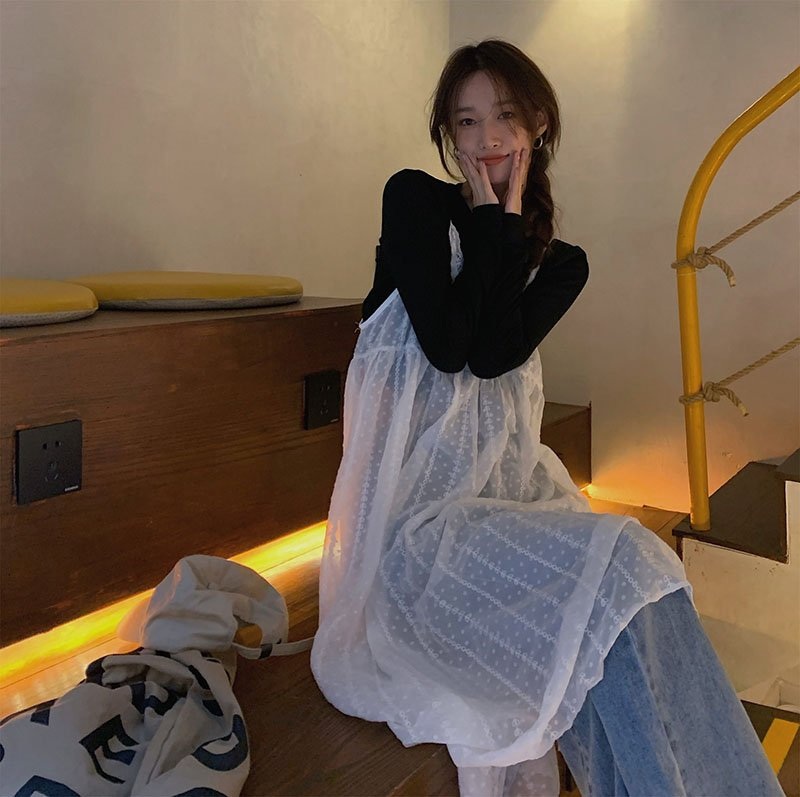 빈티지 시스루 레이어드원피스 레이스 뷔스티에 플라워자수 끈나시 캐미솔 예쁜 디자인 드레스 - 상세 이미지 4