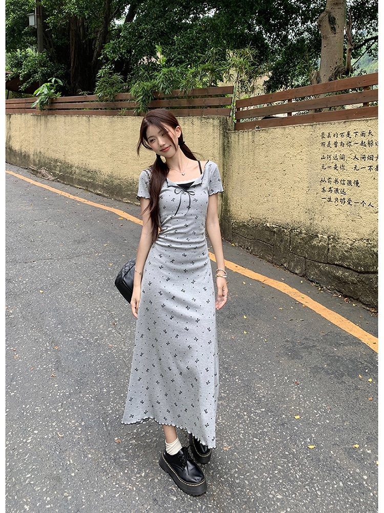 가짜투피스 레이스나시 반팔원피스 리본패턴 슬림핏 날씬해보이는 캐주얼 옷 그레이 - 상세 이미지 4