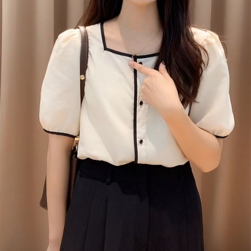 쉬폰 스퀘어넥 반팔블라우스 아이보리 봄 여름 데이트 하객룩 디자인 여친 패션 데일리 코디 - 상품 이미지