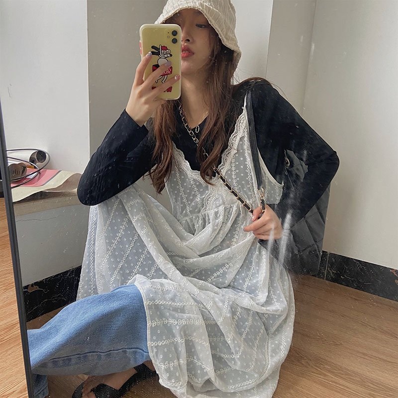 빈티지 시스루 레이어드원피스 레이스 뷔스티에 플라워자수 끈나시 캐미솔 예쁜 디자인 드레스 - 상세 이미지 3
