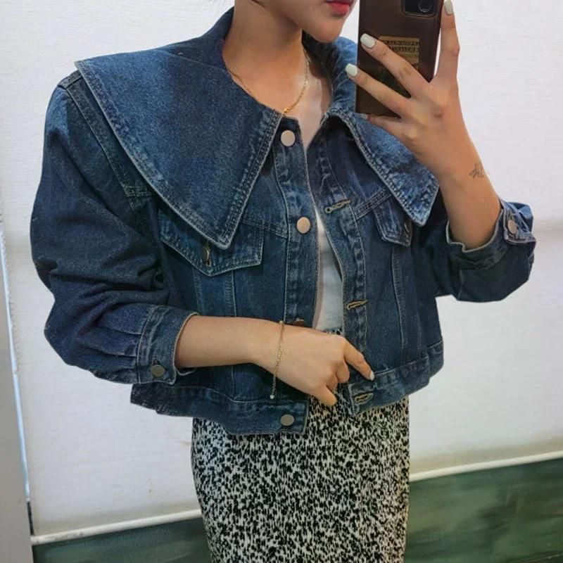 여친룩 데이트룩 세련된 여름 빈티지 목 루즈 캐주얼 긴 소매 자른 데님 자켓 탑 여성용 - 상세 이미지 2