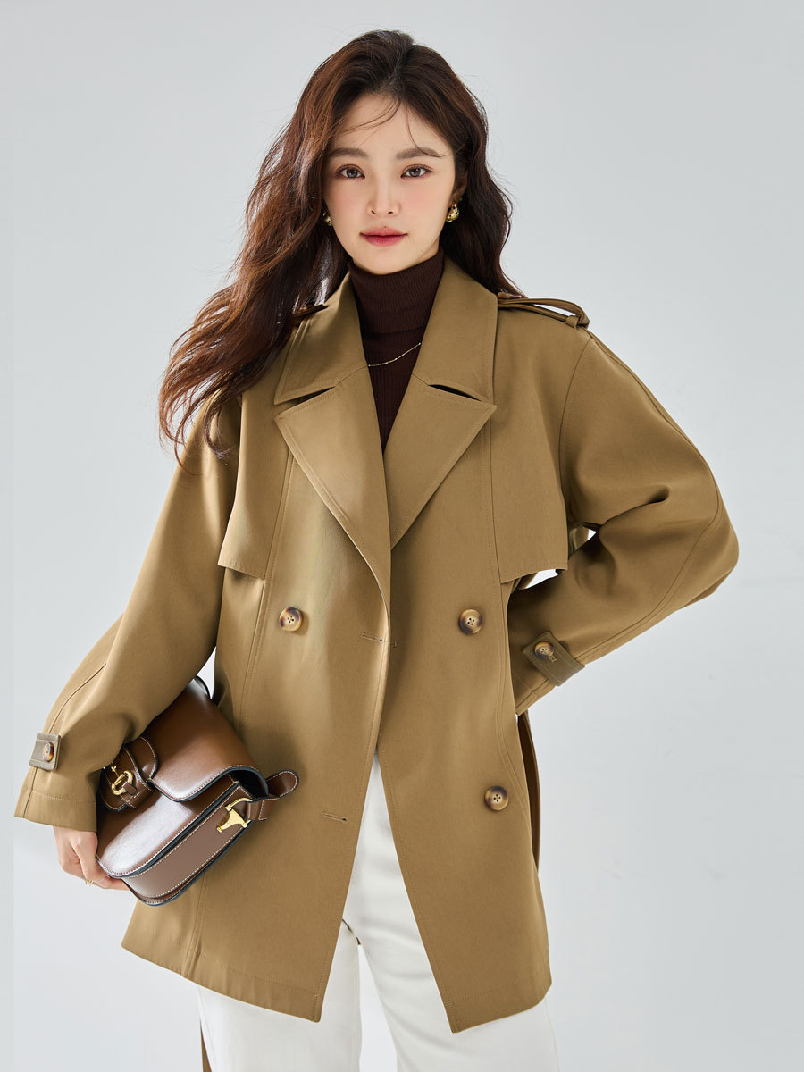 멋퀸 고퀄 오버핏 가을 카키 트렌치코트 하프 반코트 결혼식 하객룩 출근룩 - 메인 이미지