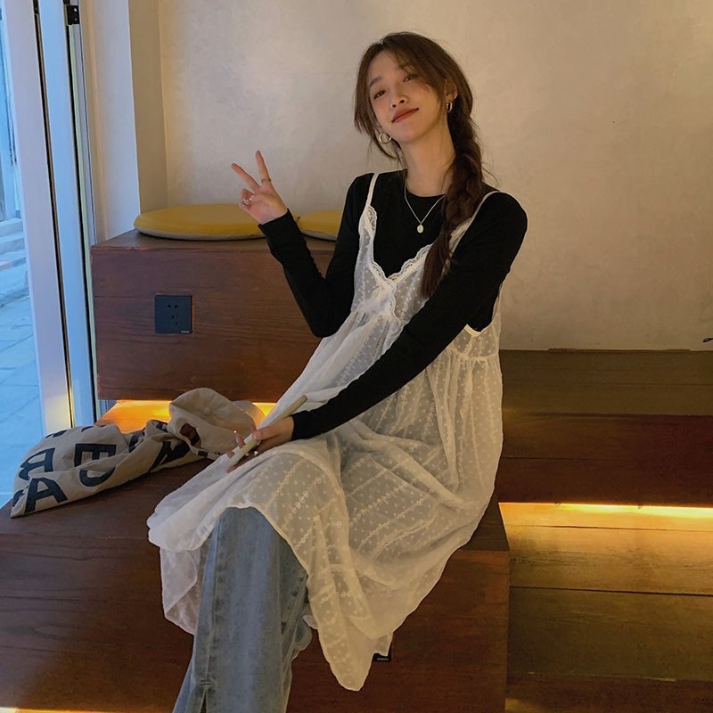 빈티지 시스루 레이어드원피스 레이스 뷔스티에 플라워자수 끈나시 캐미솔 예쁜 디자인 드레스 - 상세 이미지 2