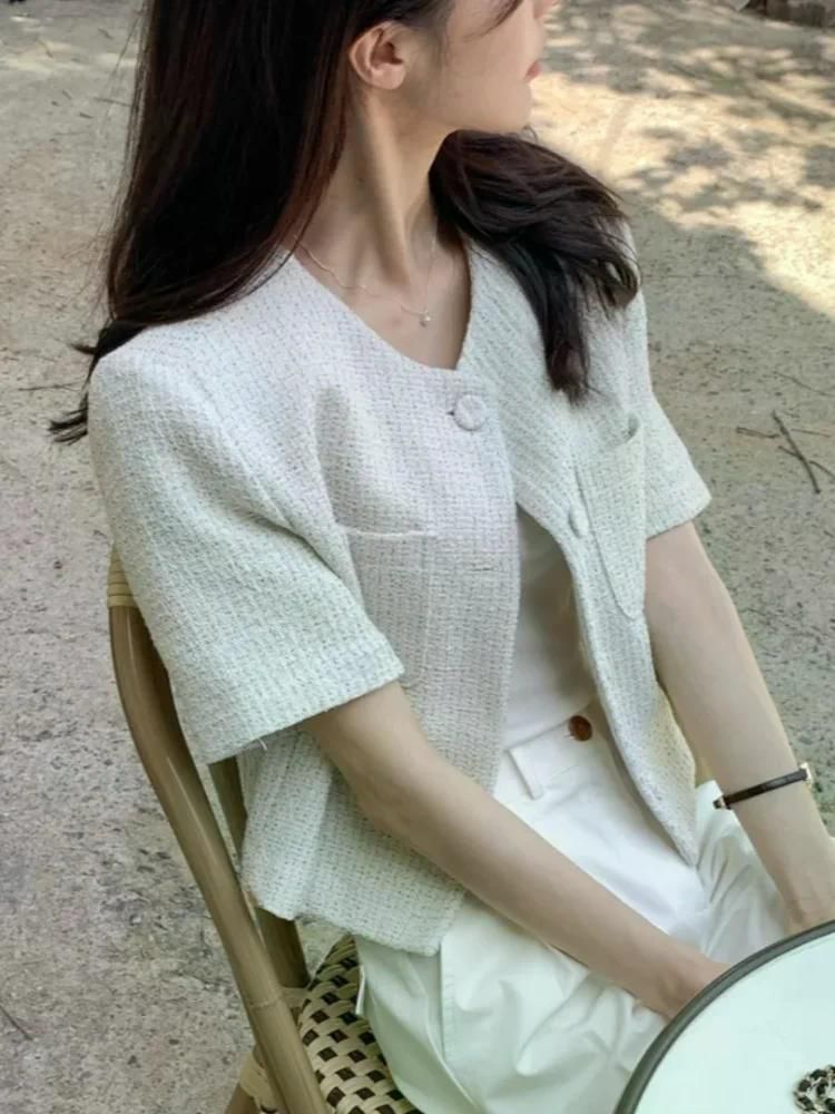 여친룩 데이트룩 우아한 격자 무늬 짧은 소매 자켓 여성 슬리밍 세련된 트위드 코트 화이트 - 상세 이미지 3