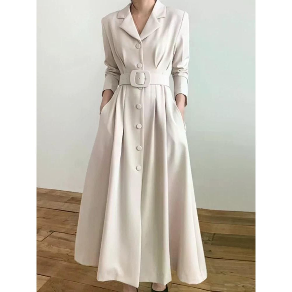 여친룩 데이트룩 우아한 가을 싱글 브레스트 슬리밍 긴 소매 솔리드 컬러 드레스 유행 카키