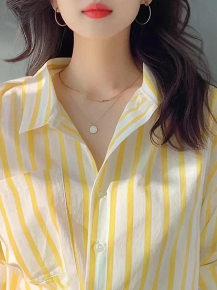 여친룩 데이트룩 세련된 스트라이프 탑 루즈핏 쁘띠 카디건 여성 셔츠 캐주얼 우아한 블라우스 Yellow S - 상세 이미지 3