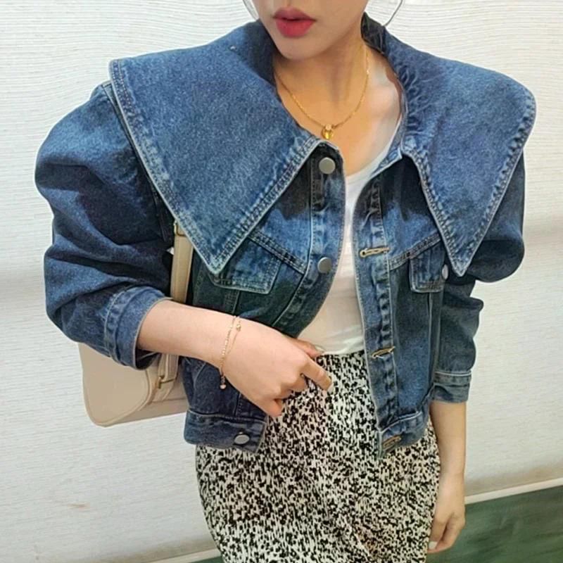여친룩 데이트룩 세련된 여름 빈티지 목 루즈 캐주얼 긴 소매 자른 데님 자켓 탑 여성용 - 상품 이미지
