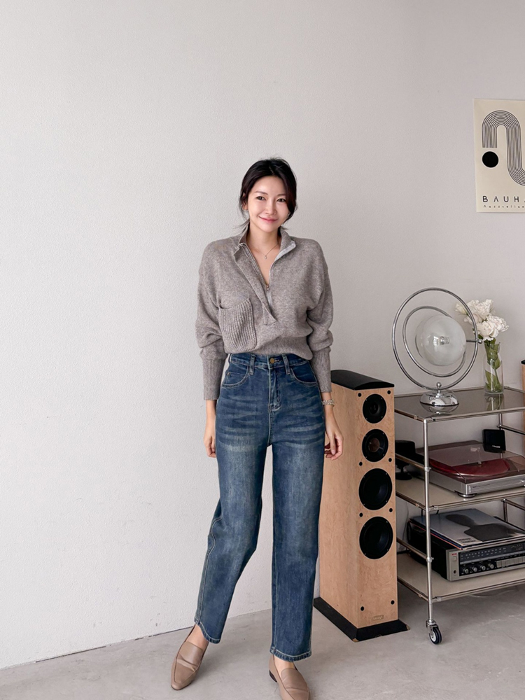 하이웨스트 보이핏 일자 청바지 고무줄 밴딩진 진청 데님팬츠 여자 청바지 진청바지 - 상세 이미지 5
