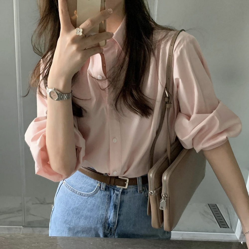 오버핏 러블리 코튼 봄 셔츠 여성남방 긴팔 여자셔츠 핑크 화이트 드뮤어룩 우먼오피스룩