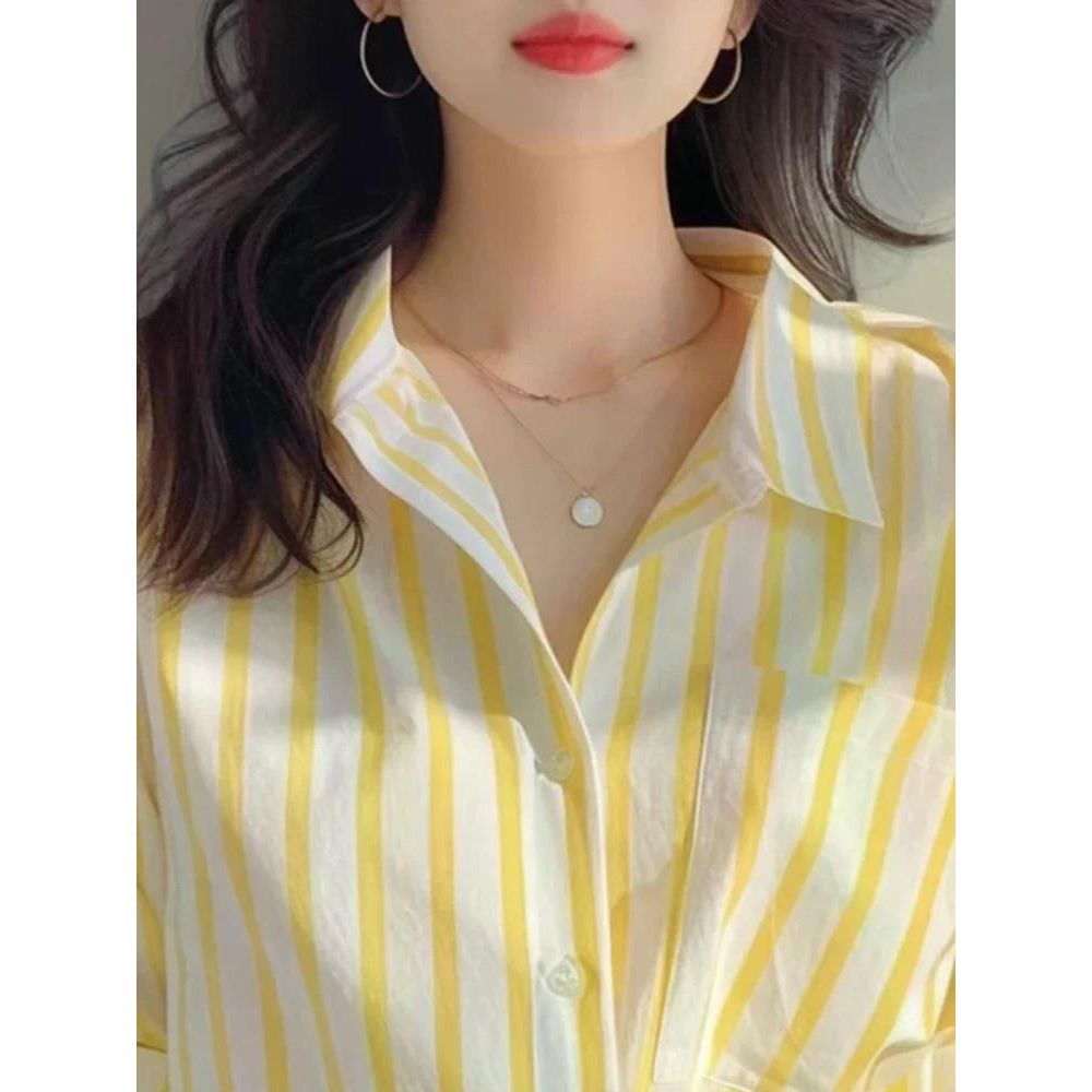 여친룩 데이트룩 세련된 스트라이프 탑 루즈핏 쁘띠 카디건 여성 셔츠 캐주얼 우아한 블라우스 Yellow S - 메인 이미지