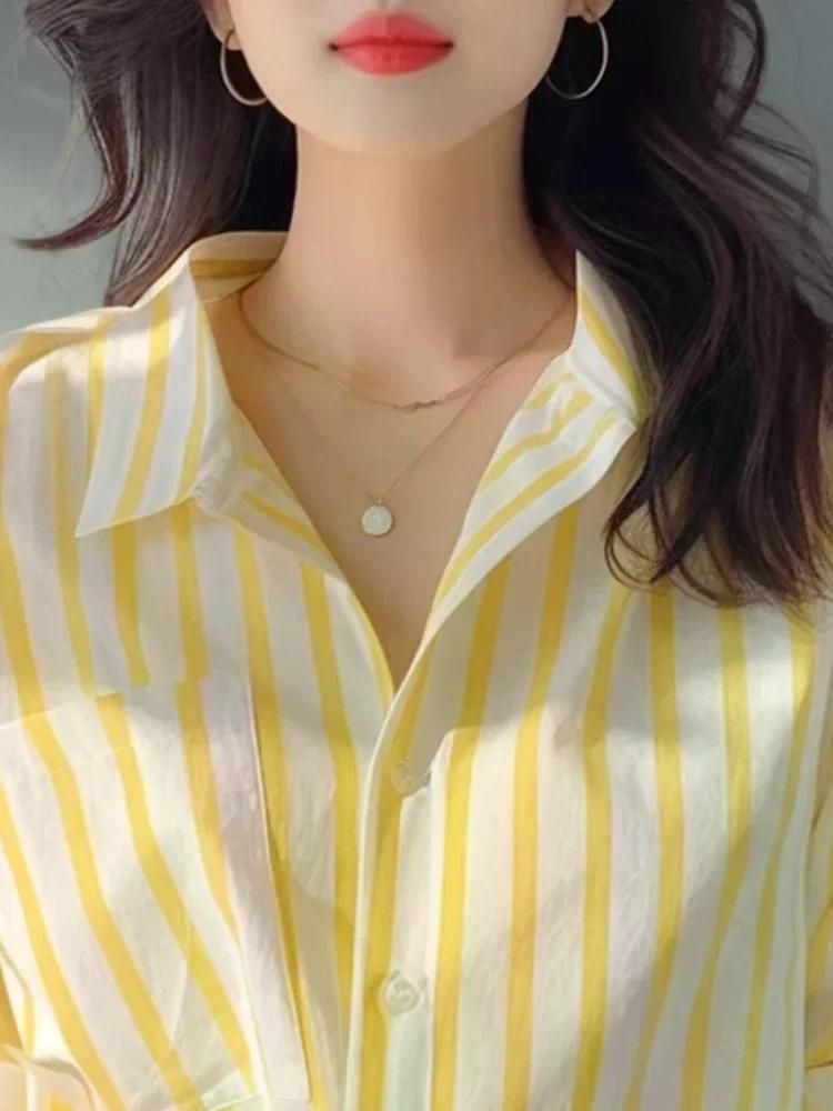 여친룩 데이트룩 세련된 스트라이프 탑 루즈핏 쁘띠 카디건 여성 셔츠 캐주얼 우아한 블라우스 Yellow S - 상세 이미지 2
