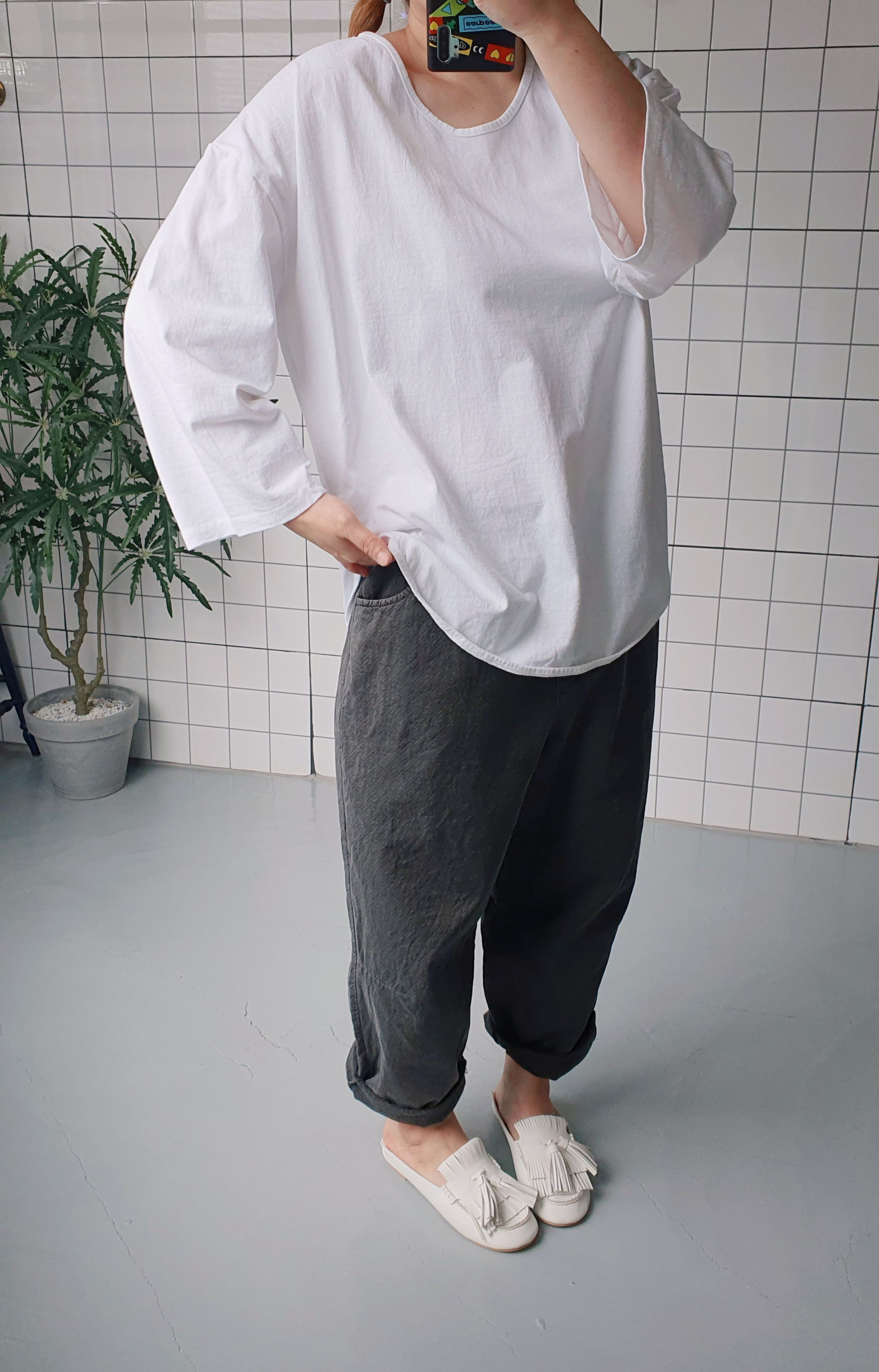 루즈핏 와이드 소매 면 티셔츠 - 상세 이미지 2