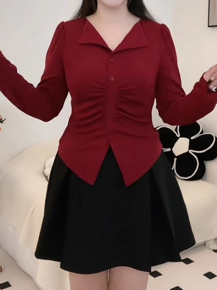 슬림핏 카라 긴팔블라우스 브이넥 셔링포인트 빅사이즈 뚱뚱 통통 패션 코디 4XL까지 4컬러 - 상세 이미지 3