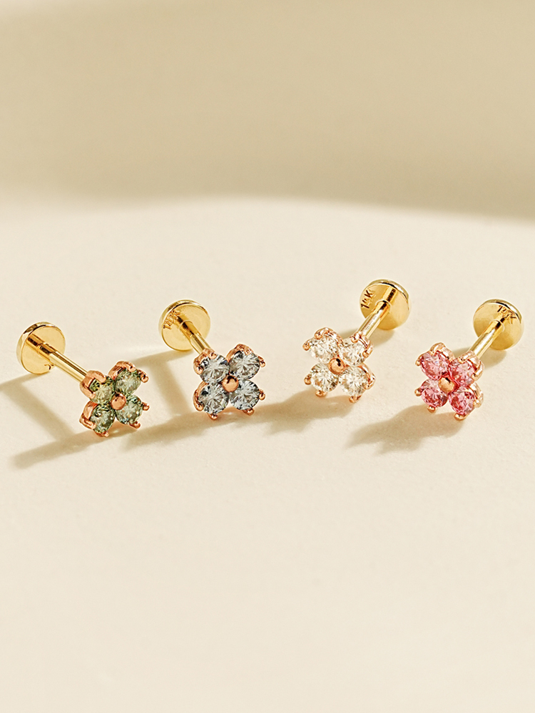 [0.8mm]14K 인터널 모이사나이트 다이아 네잎 꽃잎 라블렛 피어싱 귀걸이