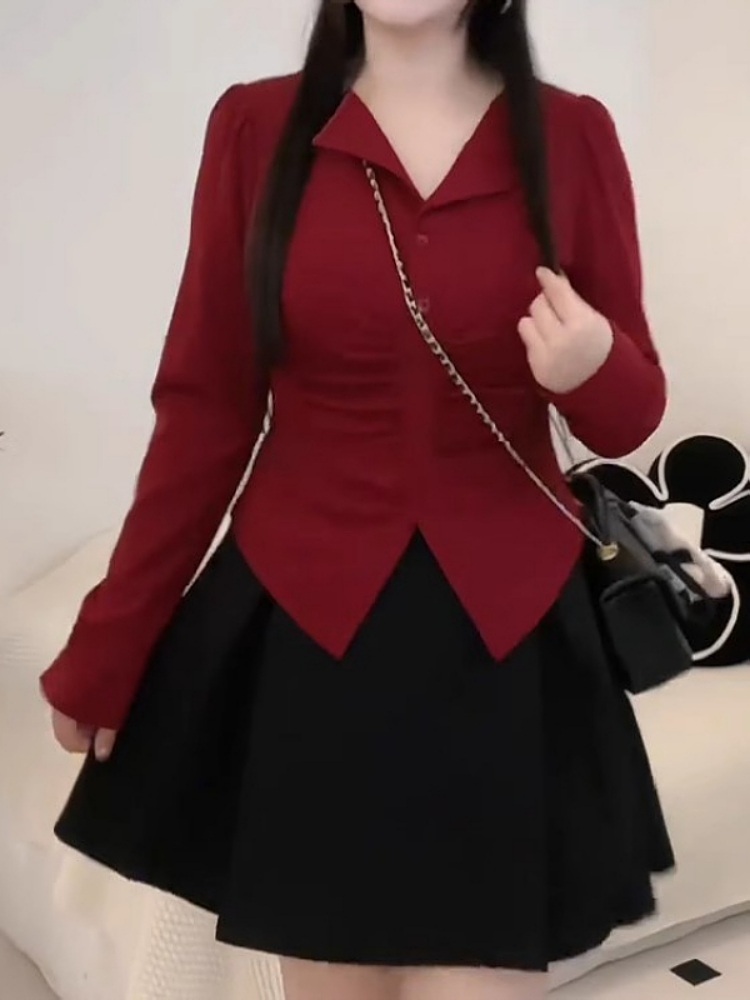 슬림핏 카라 긴팔블라우스 브이넥 셔링포인트 빅사이즈 뚱뚱 통통 패션 코디 4XL까지 4컬러 - 상세 이미지 5