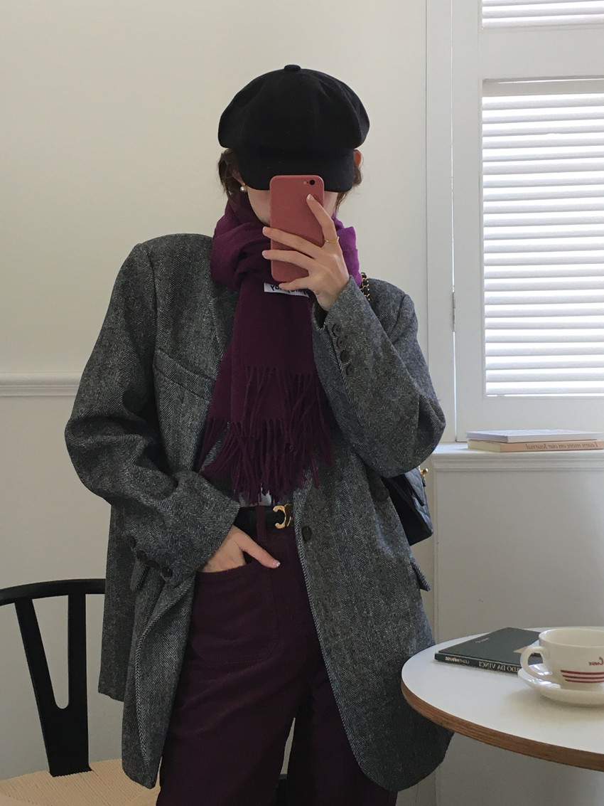 바네사 헤링본 패턴 울 루즈핏 싱글 버튼 단추 데일리 테일러드 하프 자켓 코트 - 메인 이미지