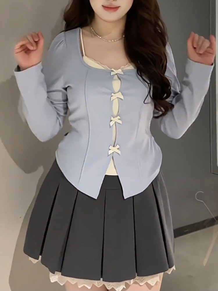 리본 나시 긴팔블라우스 레이스 가짜투피스 빅사이즈 귀여운 발레코어룩 패션 디자인 블루 블랙 - 상세 이미지 3