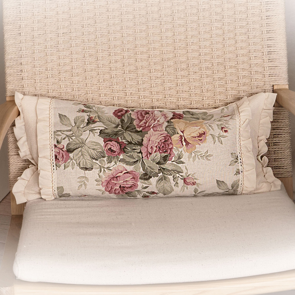 마벨로제 핑크로즈 프릴 쿠션커버 쿠션 방석 메밀 50x22