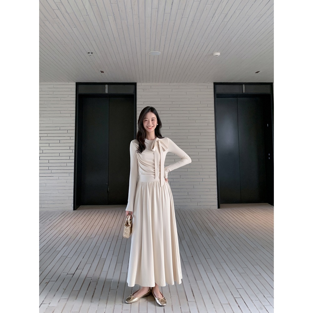 긴팔 리본타이 원피스 롱스커트 A라인 허리강조 슬림핏 프렌치 감성 디자인 2컬러 - 상세 이미지 4