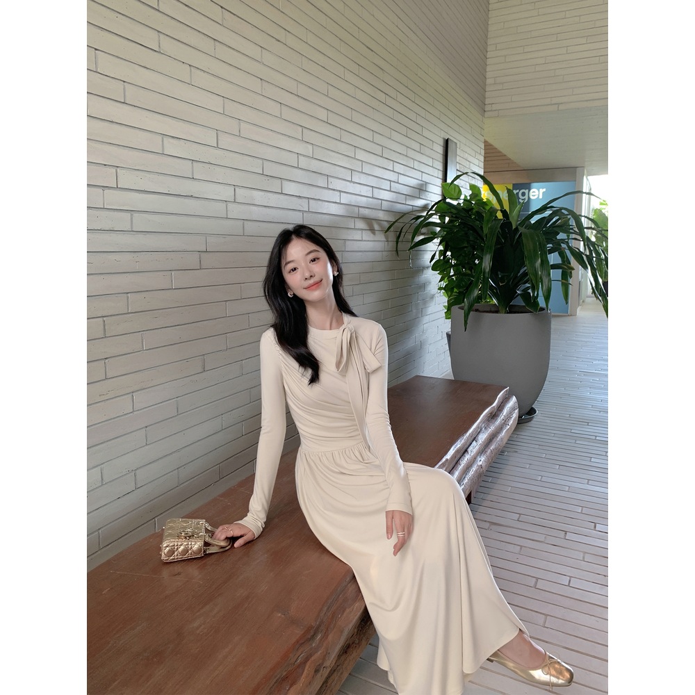 긴팔 리본타이 원피스 롱스커트 A라인 허리강조 슬림핏 프렌치 감성 디자인 2컬러 - 상세 이미지 2