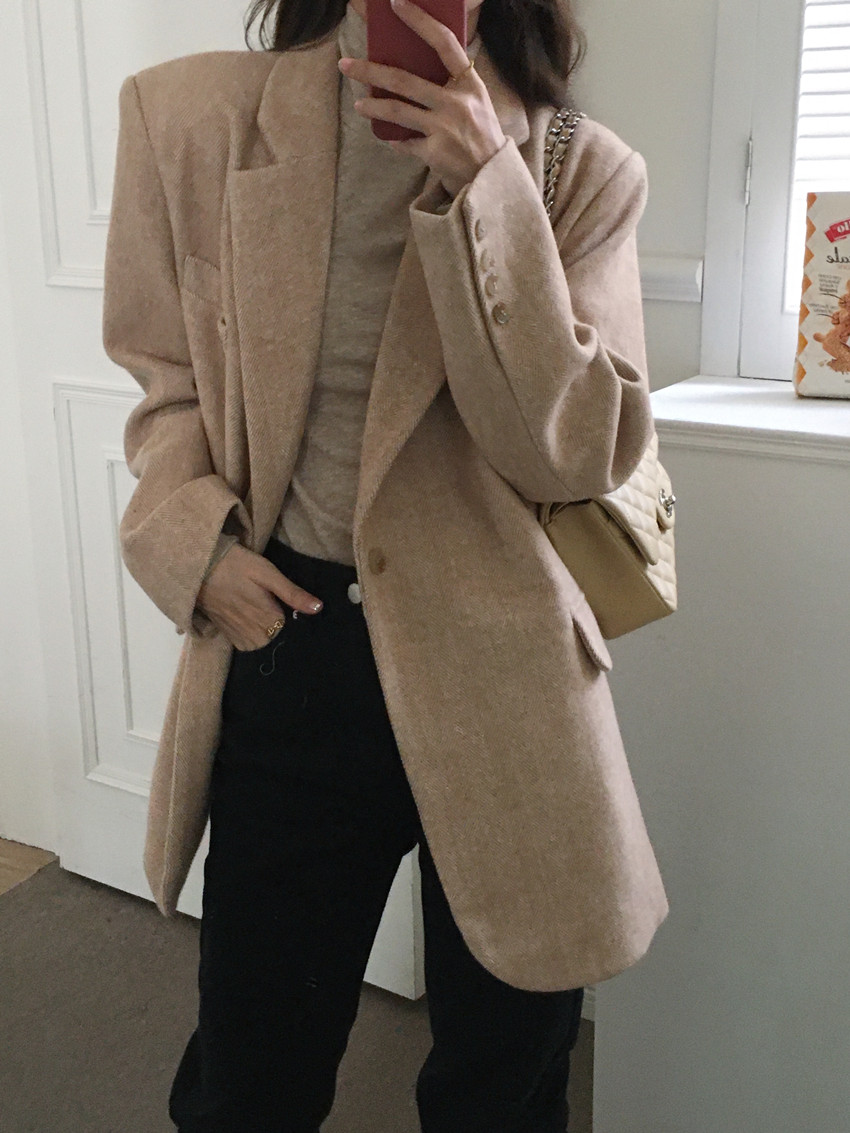 바네사 헤링본 패턴 울 루즈핏 싱글 버튼 단추 데일리 테일러드 하프 자켓 코트 - 상세 이미지 2