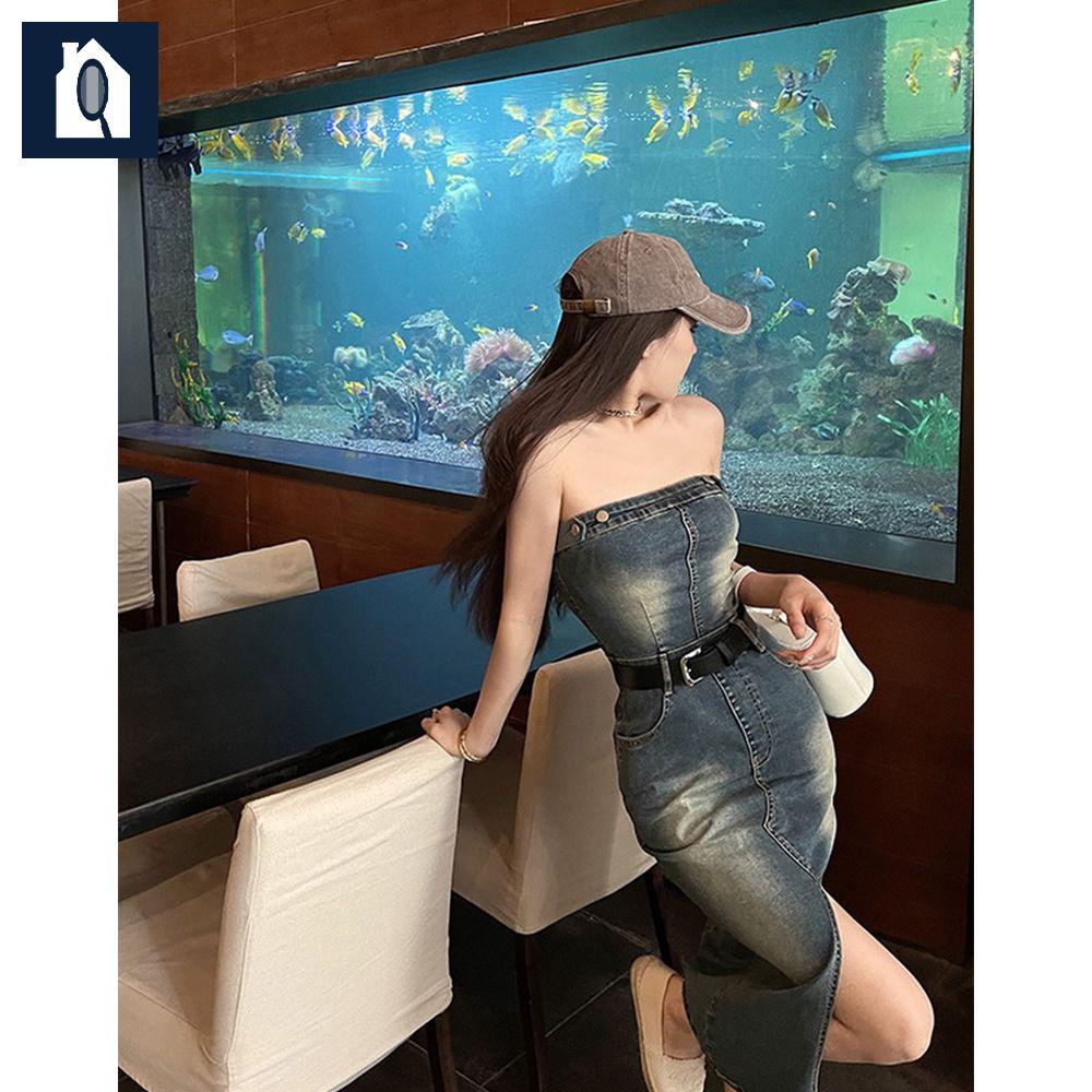 데님 튜브 탑 미디 원피스 여름 옷 - 상품 이미지